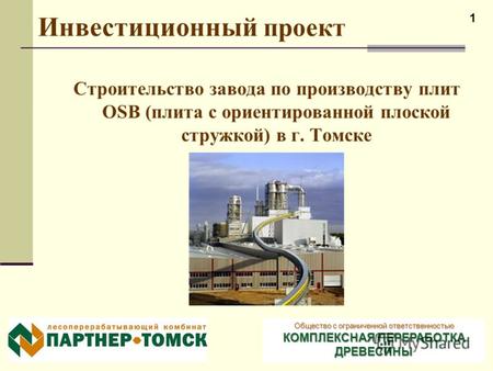 1 Инвестиционный проект Строительство завода по производству плит OSB (плита с ориентированной плоской стружкой) в г. Томске Общество с ограниченной ответственностью.