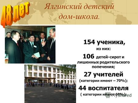 Ялгинский детский дом-школа. 154 ученика, из них: 106 детей-сирот и лишенных родительского попечения; 27 учителей (категории имеют – 70%); 44 воспитателя.