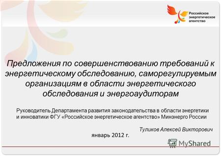 Российское энергетическое агентство 13.08.10 Предложения по совершенствованию требований к энергетическому обследованию, саморегулируемым организациям.