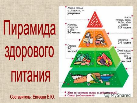 Первый кирпич пищевой пирамиды – зерновой. Кирпичи 2 и 3 – овощной и фруктовый. Кирпич 4 - пищевой пирамиды – мясной. Кирпич 5 – пищевой пирамиды – молочный.