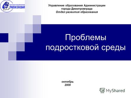 Проблемы подростковой среды Управление образования Администрации города Димитровграда Отдел развития образования октябрь 2009.