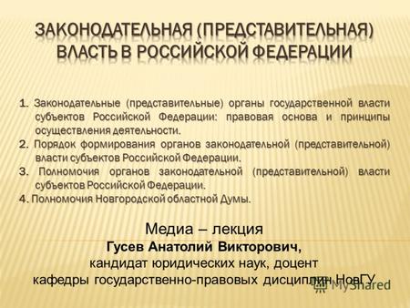 1. Законодательные (представительные) органы государственной власти субъектов Российской Федерации: правовая основа и принципы осуществления деятельности.