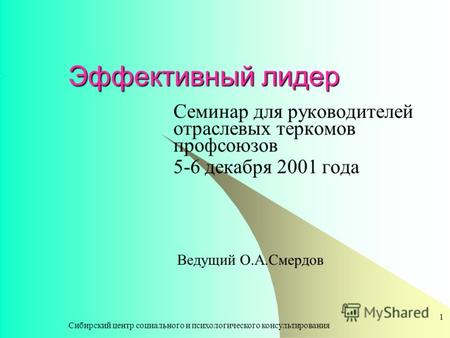 Сибирский центр социального и психологического консультирования 1 Эффективный лидер Семинар для руководителей отраслевых теркомов профсоюзов 5-6 декабря.
