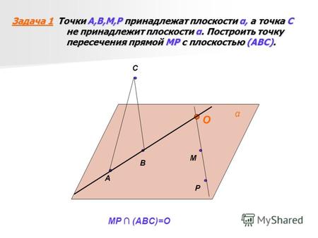 Задача 1 Точки А,В,М,Р принадлежат плоскости α, а точка С не принадлежит плоскости α. Построить точку пересечения прямой МР с плоскостью (АВС). C A B P.