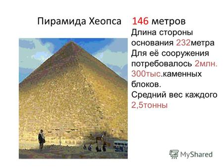 Пирамида Хеопса 146 метров Длина стороны основания 232метра Для её сооружения потребовалось 2млн. 300тыс.каменных блоков. Средний вес каждого 2,5тонны.