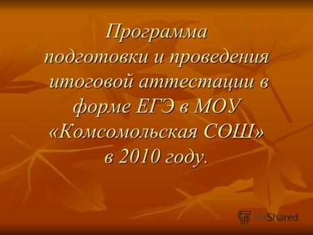 Программа подготовки и проведения итоговой аттестации в форме ЕГЭ в МОУ «Комсомольская СОШ» в 2010 году.
