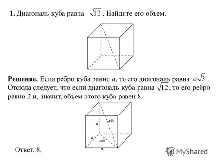 1. Диагональ куба равна. Найдите его объем. Ответ. 8. Решение. Если ребро куба равно a, то его диагональ равна. Отсюда следует, что если диагональ куба.