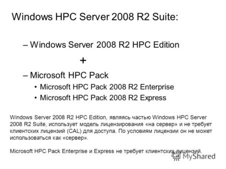 Windows HPC Server 2008 R2 Suite: –Windows Server 2008 R2 HPC Edition + –Microsoft HPC Pack Microsoft HPC Pack 2008 R2 Enterprise Microsoft HPC Pack 2008.