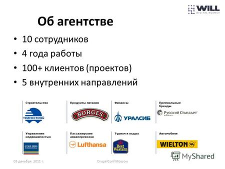 Об агентстве 10 сотрудников 4 года работы 100+ клиентов (проектов) 5 внутренних направлений 03 декабря 2011 г.DrupalConf Moscow.