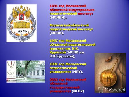 1931 год Московский областной индустриально- педагогический институт (МОИПИ), Московский областной педагогический институт (МОПИ), 1957 год Московский.