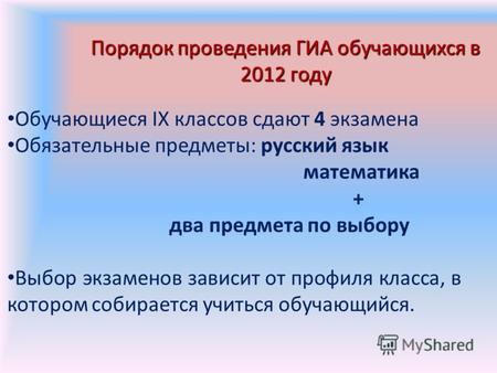 Порядок проведения ГИА обучающихся в 2012 году Обучающиеся IX классов сдают 4 экзамена Обязательные предметы: русский язык математика + два предмета по.