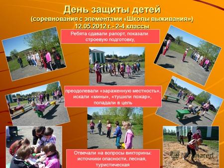 День защиты детей (соревнования с элементами «Школы выживания») 12.05.2012 г.- 2-4 классы Ребята сдавали рапорт, показали строевую подготовку, преодолевали.