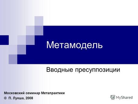 Метамодель Вводные пресуппозиции Московский семинар Метапрактики © П. Лукша, 2008.