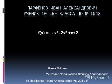 F(x) = - x³ -2x² +x+2 16 мая 2011 год Учитель: Чаплоуская Любовь Геннадьевна © Парфёнов Иван Александрович, 2011 г.