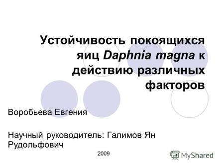 Устойчивость покоящихся яиц Daphnia magna к действию различных факторов Воробьева Евгения Научный руководитель: Галимов Ян Рудольфович 2009.