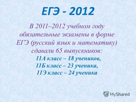 ЕГЭ - 2012 В 2011–2012 учебном году обязательные экзамены в форме ЕГЭ (русский язык и математику) сдавали 65 выпускников: 11А класс – 18 учеников, 11Б.
