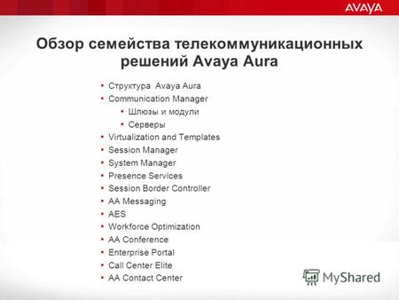 Обзор семейства телекоммуникационных решений Avaya Aura Структура Avaya Aura Communication Manager Шлюзы и модули Серверы Virtualization and Templates.