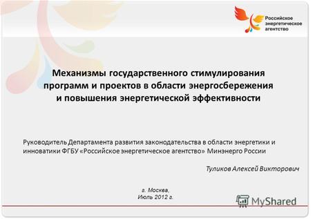 Российское энергетическое агентство Механизмы государственного стимулирования программ и проектов в области энергосбережения и повышения энергетической.