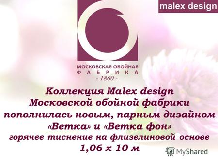 Коллекция Malex design Московской обойной фабрики пополнилась новым, парным дизайном «Ветка» и «Ветка фон» горячее тиснение на флизелиновой основе 1,06.