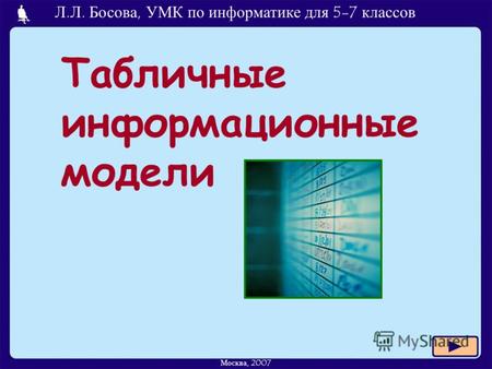 Л.Л. Босова, УМК по информатике для 5-7 классов Москва, 2007 Табличные информационные модели.