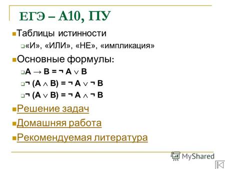 Таблицы истинности «И», «ИЛИ», «НЕ», «импликация» Основные формулы : A B = ¬ A B ¬ (A B) = ¬ A ¬ B Решение задач Домашняя работа Рекомендуемая литература.