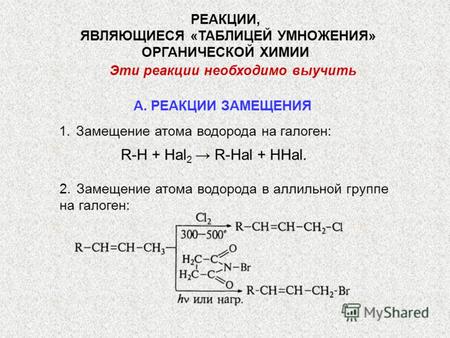 РЕАКЦИИ, ЯВЛЯЮЩИЕСЯ «ТАБЛИЦЕЙ УМНОЖЕНИЯ» ОРГАНИЧЕСКОЙ ХИМИИ Эти реакции необходимо выучить 1.Замещение атома водорода на галоген: R-H + Hal 2 R-Hal + HHal.