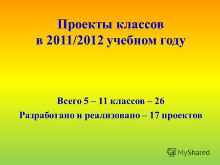 Проекты классов в 2011/2012 учебном году Всего 5 – 11 классов – 26 Разработано и реализовано – 17 проектов.
