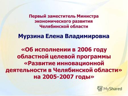 Первый заместитель Министра экономического развития Челябинской области Мурзина Елена Владимировна «Об исполнении в 2006 году областной целевой программы.