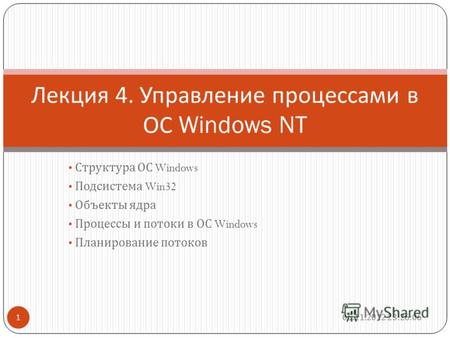 Структура ОС Windows Подсистема Win32 Объекты ядра Процессы и потоки в ОС Windows Планирование потоков 1 Лекция 4. Управление процессами в ОС Windows NT.