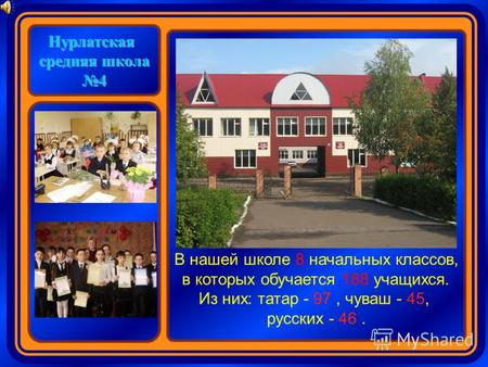 Нурлатская средняя школа 4 В нашей школе 8 начальных классов, в которых обучается 188 учащихся. Из них: татар - 97, чуваш - 45, русских - 46.