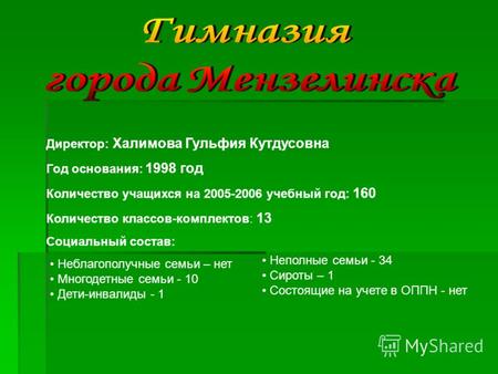 Директор: Халимова Гульфия Кутдусовна Год основания: 1998 год Количество учащихся на 2005-2006 учебный год: 160 Количество классов-комплектов: 13 Социальный.