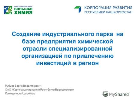 Создание индустриального парка на базе предприятия химической отрасли специализированной организацией по привлечению инвестиций в регион Рубцов Борис Владимирович.