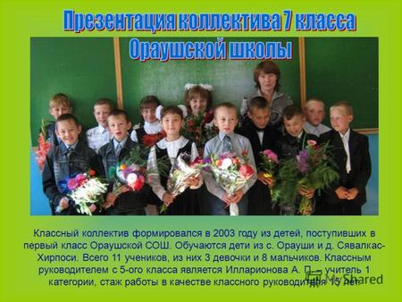 Классный коллектив формировался в 2003 году из детей, поступивших в первый класс Ораушской СОШ. Обучаются дети из с. Орауши и д. Сявалкас- Хирпоси. Всего.