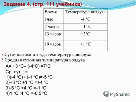 ВремяТемпература воздуха 1час -4 °С 7 часов - 1 °С 13 часов +3°С 19 часов+1 °С ? Суточная амплитуда температуры воздуха ? Средняя суточная температура.