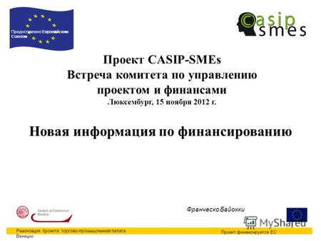 1 Проект CASIP-SMEs Встреча комитета по управлению проектом и финансами Люксембург, 15 ноября 2012 г. Проект финансируется ЕС Предоставлено Европейским.