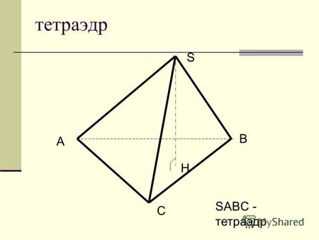 Тетраэдр A B C S H SABC - тетраэдр. Кластер Основание; Ребра; Вершины; Грани; Высоты.