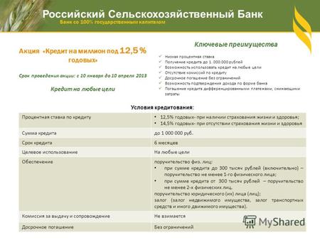 Российский Сельскохозяйственный Банк Банк со 100% государственным капиталом Акция «Кредит на миллион под 12,5 % годовых» Срок проведения акции: с 10 января.