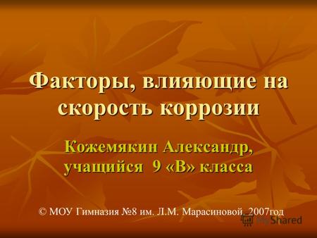 Факторы, влияющие на скорость коррозии Кожемякин Александр, учащийся 9 «В» класса © МОУ Гимназия 8 им. Л.М. Марасиновой, 2007год.