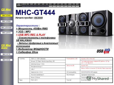 MHC-GT444 Начало продаж : 08/2008 Усилитель150Вт x 2 + 150Вт (сабвуфер)Проигрывание с USBФорматы: MP3, WMA, AAC Функции: CD, Радио, Кассета, Аудио Вход,