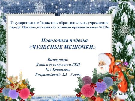 Государственное бюджетное образовательное учреждение города Москвы детский сад компенсирующего вида 1162 Новогодняя поделка «ЧУДЕСНЫЕ МЕШОЧКИ» Выполнили: