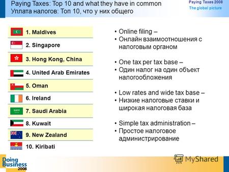 Online filing – Онлайн взаимоотношения с налоговым органом One tax per tax base – Один налог на один объект налогообложения Low rates and wide tax base.