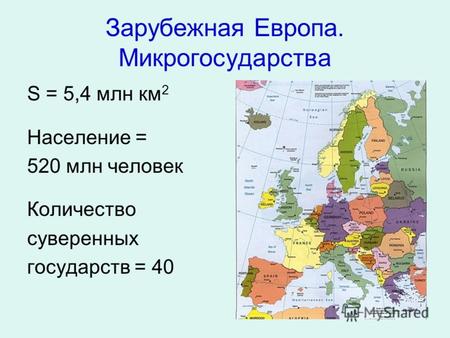 Зарубежная Европа. Микрогосударства S = 5,4 млн км 2 Население = 520 млн человек Количество суверенных государств = 40.