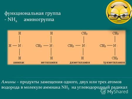 Амины – продукты замещения одного, двух или трех атомов водорода в молекуле аммиака N H 3 на углеводородный радикал функциональная группа - NH 2 аминогруппа.