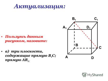 Пользуясь данным рисунком, назовите: а) три плоскости, содержащие прямую В 1 С; прямую АВ 1; C1C1 C A1A1 B1B1 D1D1 A B D Актуализация: