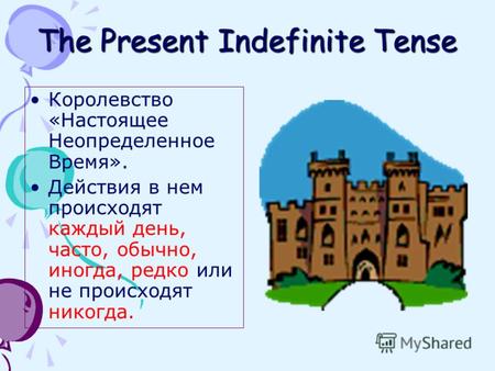 The Present Indefinite Tense Королевство «Настоящее Неопределенное Время». Действия в нем происходят каждый день, часто, обычно, иногда, редко или не происходят.