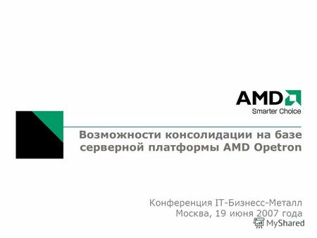 Возможности консолидации на базе серверной платформы AMD Opetron Конференция IT-Бизнесс-Металл Москва, 19 июня 2007 года.