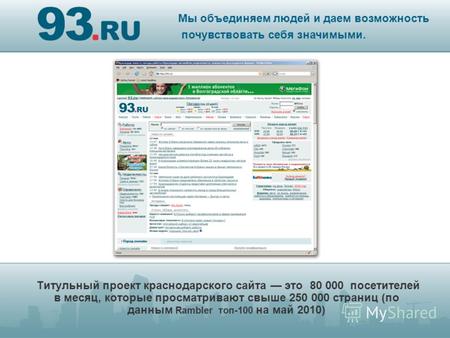 Титульный проект краснодарского сайта это 80 000 посетителей в месяц, которые просматривают свыше 250 000 страниц (по данным Rambler топ-100 на май 2010)