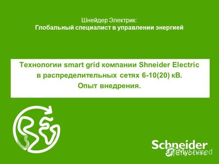 Шнейдер Электрик: Глобальный специалист в управлении энергией Технологии smart grid компании Shneider Electric в распределительных сетях 6-10(20) кВ. Опыт.