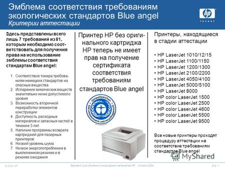 © 2004 HP Стр. 1 Базовый курс обучения по расходным материалам HP Апрель 2004 Принтеры, находящиеся в стадии аттестации HP LaserJet 1010/12/15 HP LaserJet.