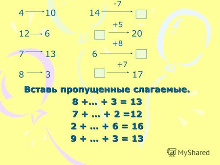 Вставь пропущенные слагаемые. 8 +… + 3 = 13 7 + … + 2 =12 2 + … + 6 = 16 9 + … + 3 = 13 4 10 14 12 6 20 7 13 6 8 3 17 -7 +5 +8 +7.